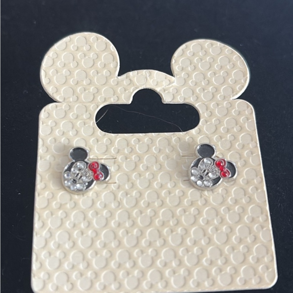 Disney Silver Minnie Mouse Crystal Stud Earrings with Red Bow